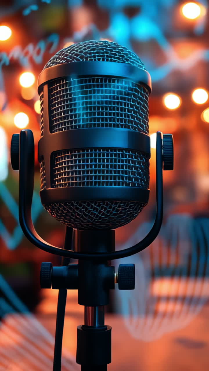 Mic ready for night gig. A microphone stands in focus, surrounded by warm lights in a lively venue, ready for the evening's entertainment.