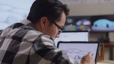 close up side view of asian male celebrating success drawing new car design concept on a tablet in the studio with tv and computers display 3d electric car model