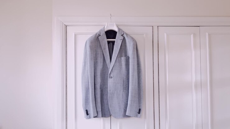 Elegante giacca da completo grigio chiaro appesa ordinatamente a una porta bianca in un ambiente minimalista