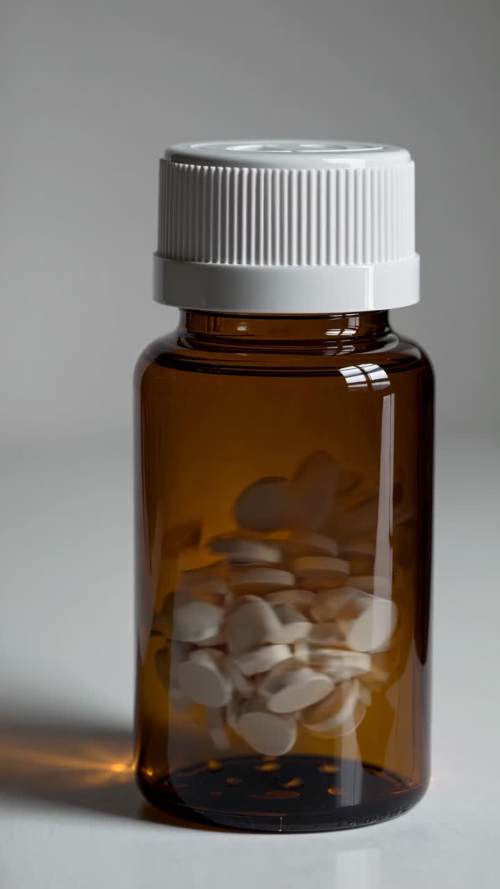 Primer plano en vídeo de un frasco marrón de pastillas lleno de comprimidos blancos, capturado a la altura de los ojos