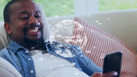 animation of connections and globe over happy african american man using smartphone