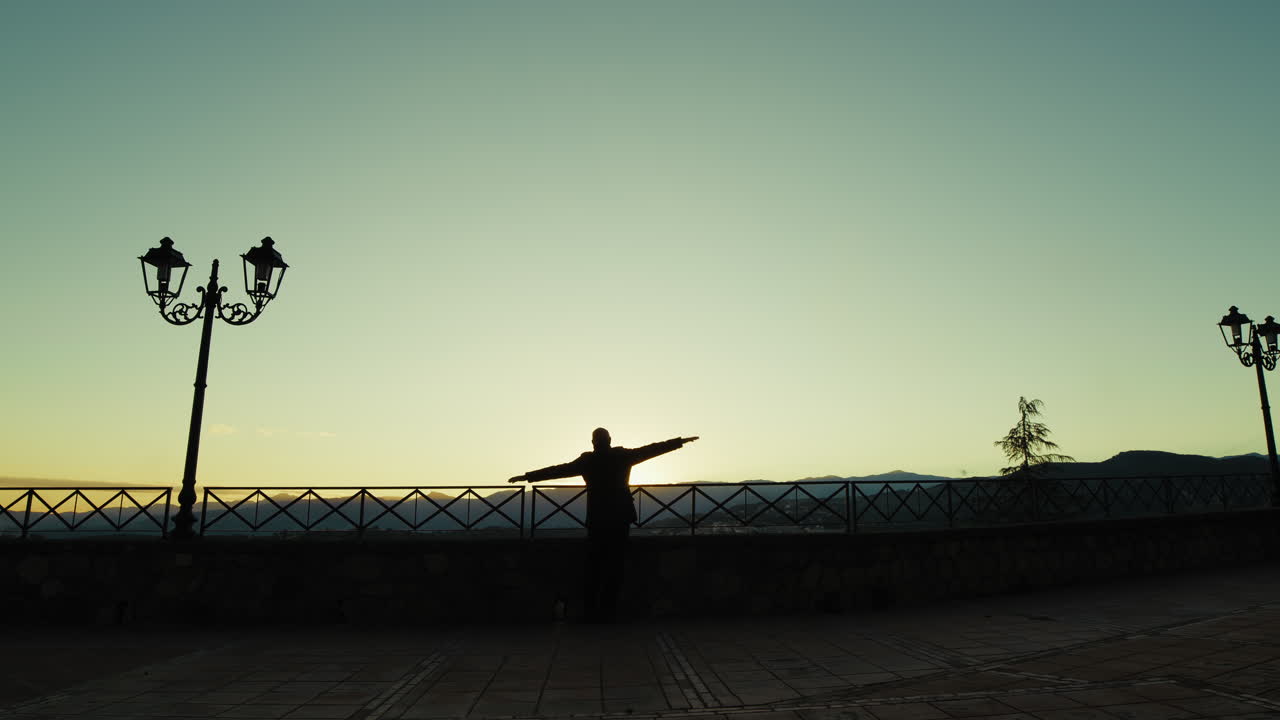 은이의 실루은 기으로 즐겁게 아름다운 해가 지는 하늘을 향해 달린다