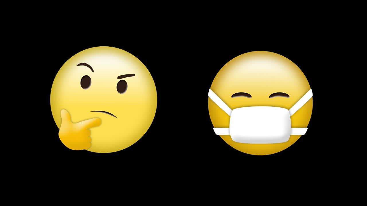 생각하는 얼굴 이모티콘과 검은 바탕에 마스크를 쓰고 있는 얼굴 이모티콘의 디지털 애니메이션