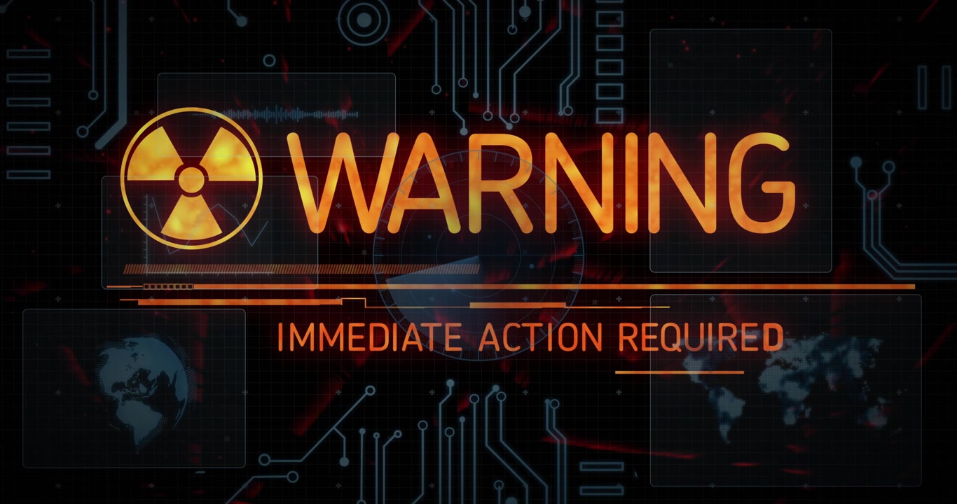 Dark grid initiating radiation hazard fading, HUD animating and warning demanding immediate action