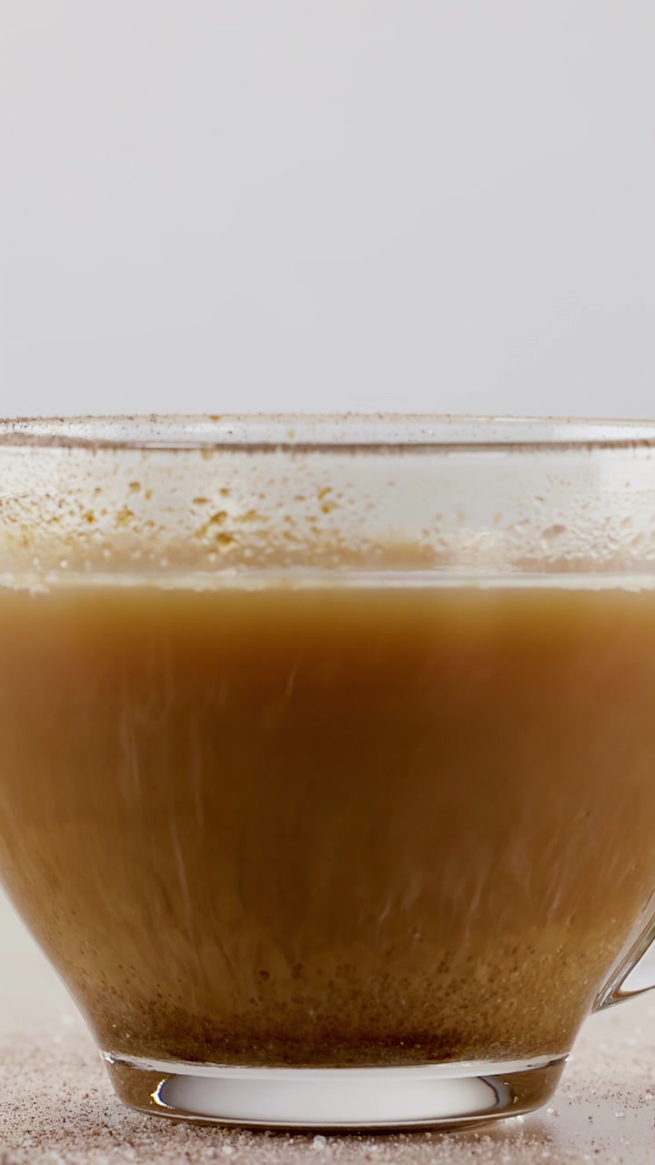 Granuli di zucchero bianco cadono in una tazza di vetro di caffè macchiato su sfondo bianco