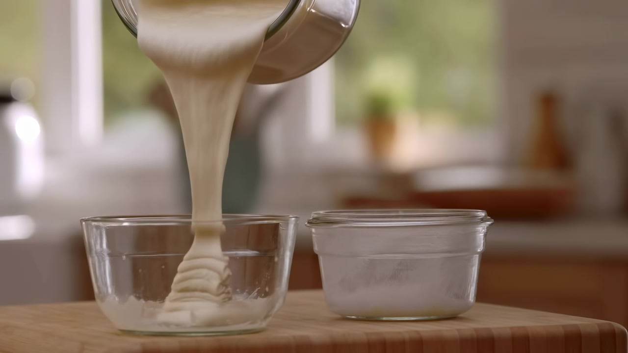Uma mistura cremosa e lisa cai continuamente e forma dobras suaves dentro da tigela transparente, enquanto um segundo recipiente com pó branco repousa próximo, contra um fundo de cozinha brilhante e suavemente desfocado