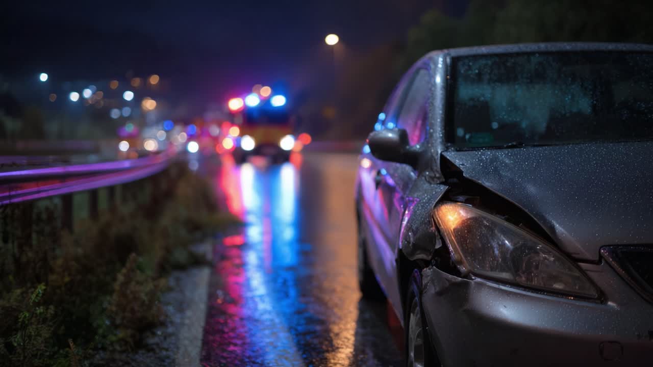 Ein beschädigtes Auto auf regennasser Straße mit Blaulicht, das die nächtliche Szene nach einem Unfall beleuchtet, wodurch die Verkehrssicherheit und die Dringlichkeit in kritischen Situationen betont werden.