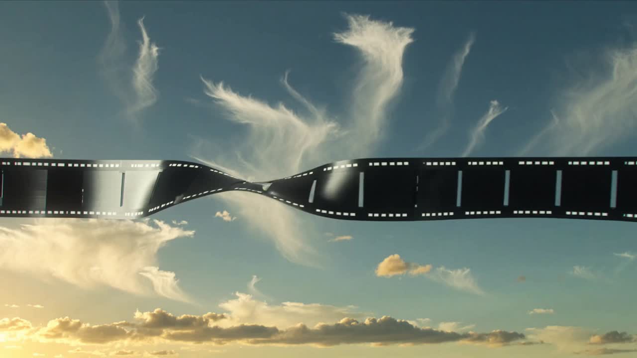 Drifting black filmstrip with sprockets drawing inward coiling into glowing cyan ring showing sky