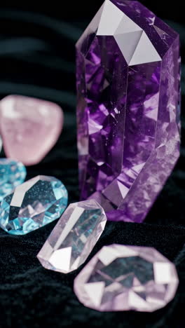 colorful crystals and gemstones on a dark background
