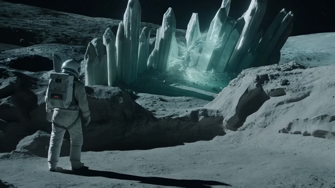 Unidentified Astronaut Geologist Inspects Glowing Lunar Crystal Field, Walking Across Rocky Crater Floor