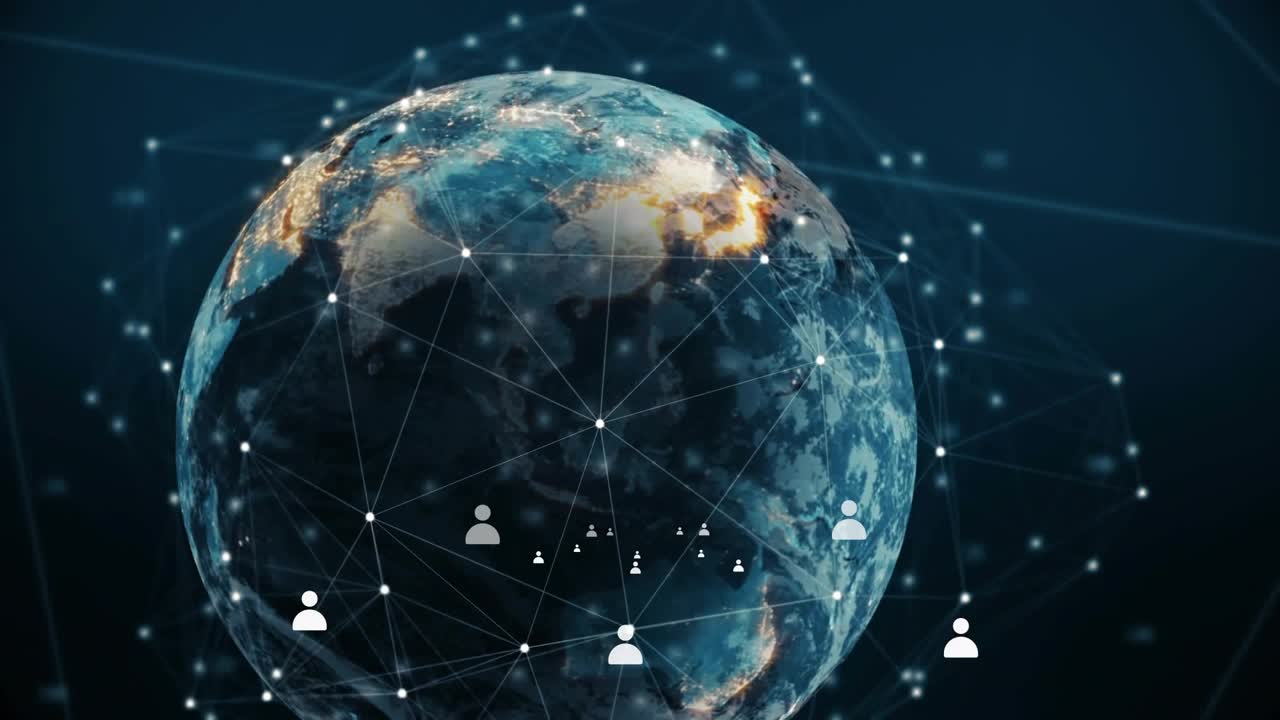 Nærbilde av en roterende globus som starter, mens brukere dukker opp, kobler seg sammen og stigende data viser et globalt nettverk.
