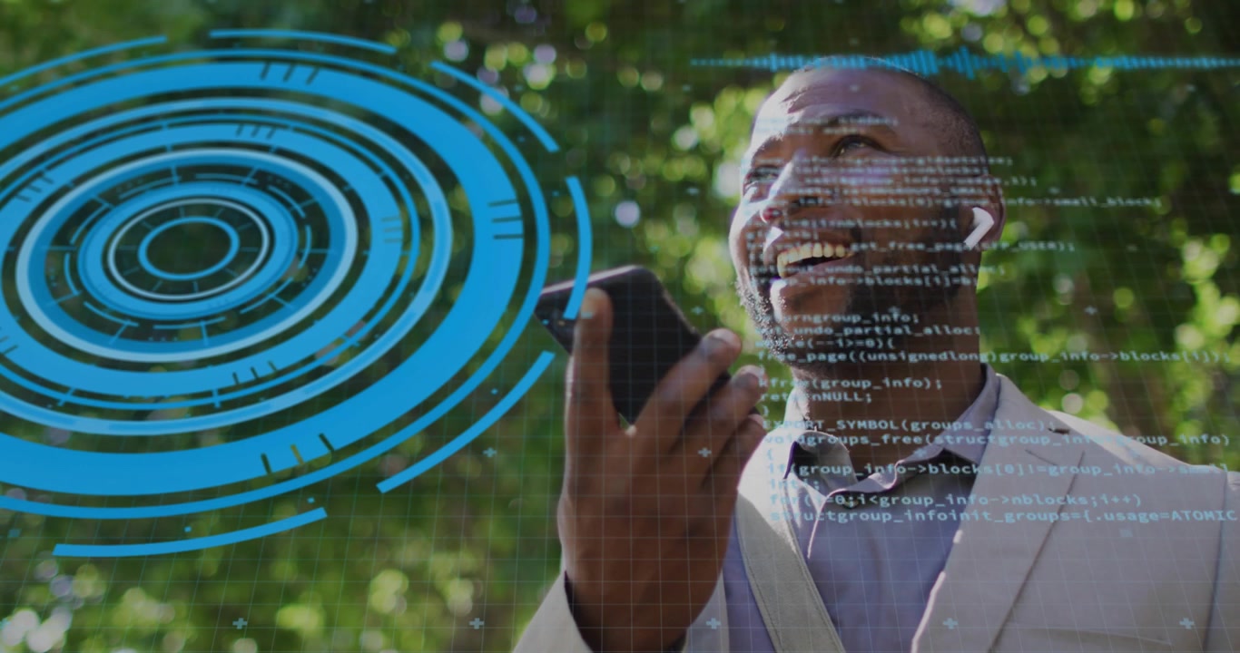 Mature man raising smartphone issuing command generating code overlay showing voice assistant tech