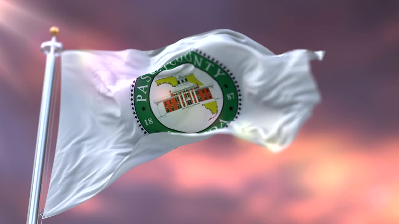 Bandiera di Pasco al tramonto, contea dello stato della Florida, negli Stati Uniti - loop