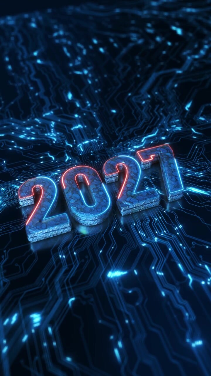 Numeri 2027 luminosi, circuito stampato blu futuristico, luce al neon, dettagli digitali avanzati, tecnologia