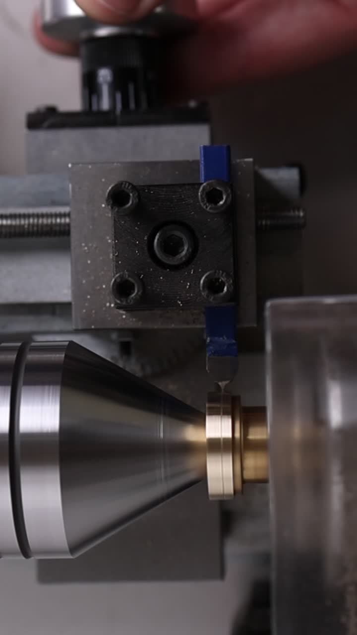 Primo piano di un mini tornio che lavora un componente in ottone
