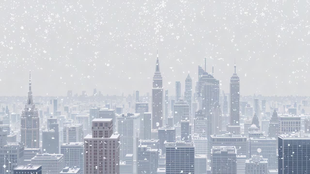 Showing downtown tall skyline rooftops getting snowy with squall intensifying, with falling flakes