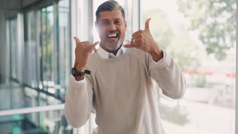 senior, business man face and cool hands sign