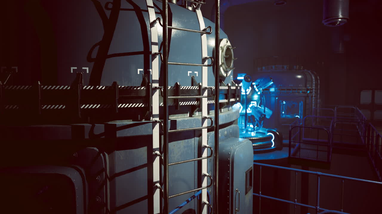 Industrial facility with blue lighting and intricate machinery at night