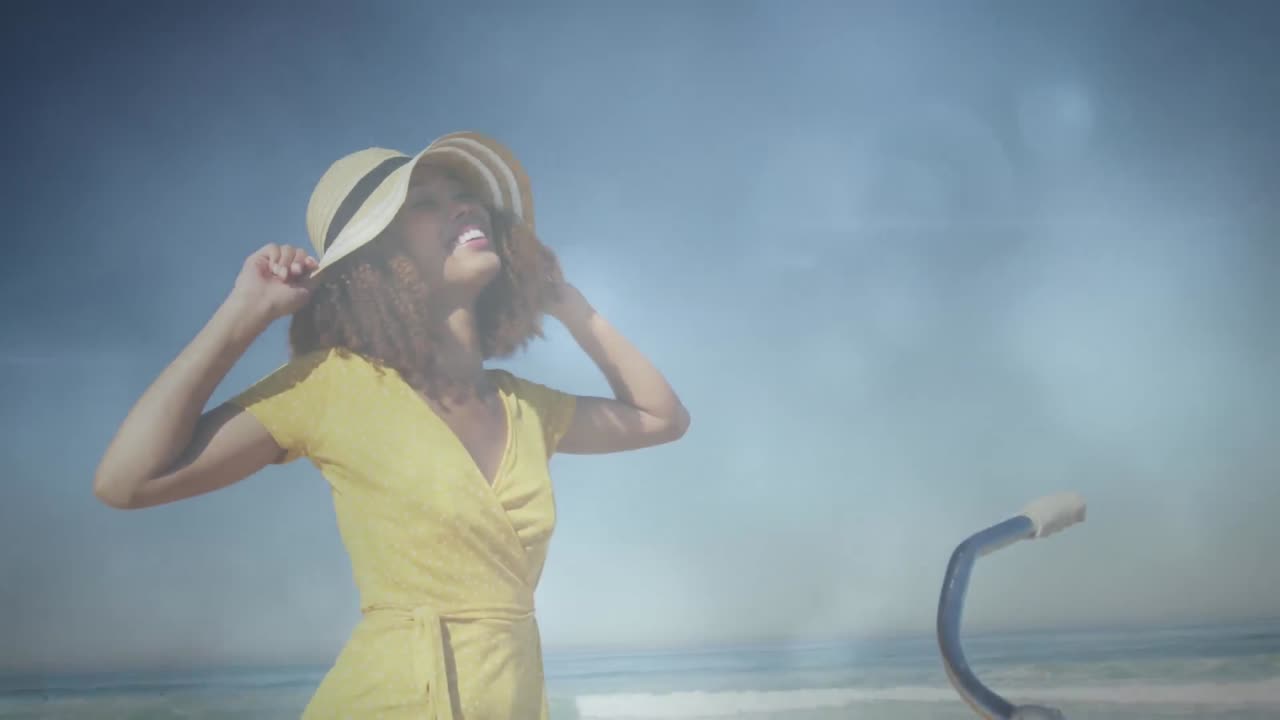 해를 가로질러  ⁇ 니 비치에 있는 행복한 아프리카계 미국인 여성의 애니메이션