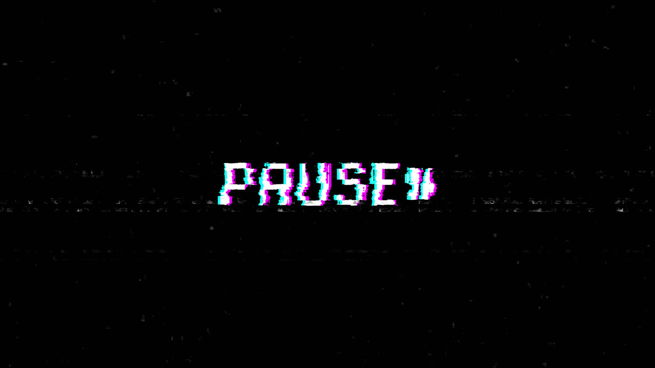 Retro Glitch Pause Text with VHS Static Effect