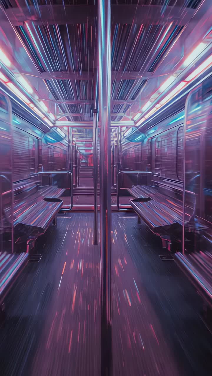 Vertical video: Starting camera gliding through metro train corridor, with LED strips, bench seats