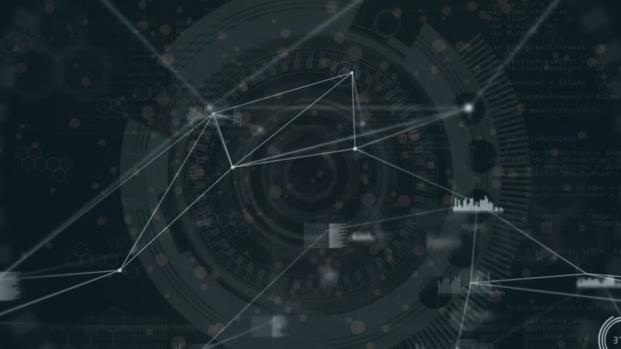 Animation of network of connections with data processing over scope scanning on black background