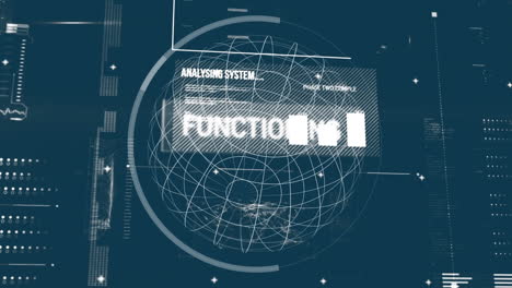 animación de textos sobre globo, mapa, barras de carga y gráficos contra un fondo abstracto