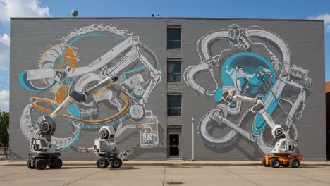 Dynamic Urban Art: A Stunning Mural Featuring Robotic Arms Interacting With Advanced Machinery, Set Against a Grayscale Wall for a Striking Visual Impact