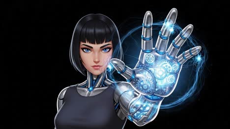 a futuristic cybernetic woman engaging with technology: exploring the fusion of human and machine in a visually striking render