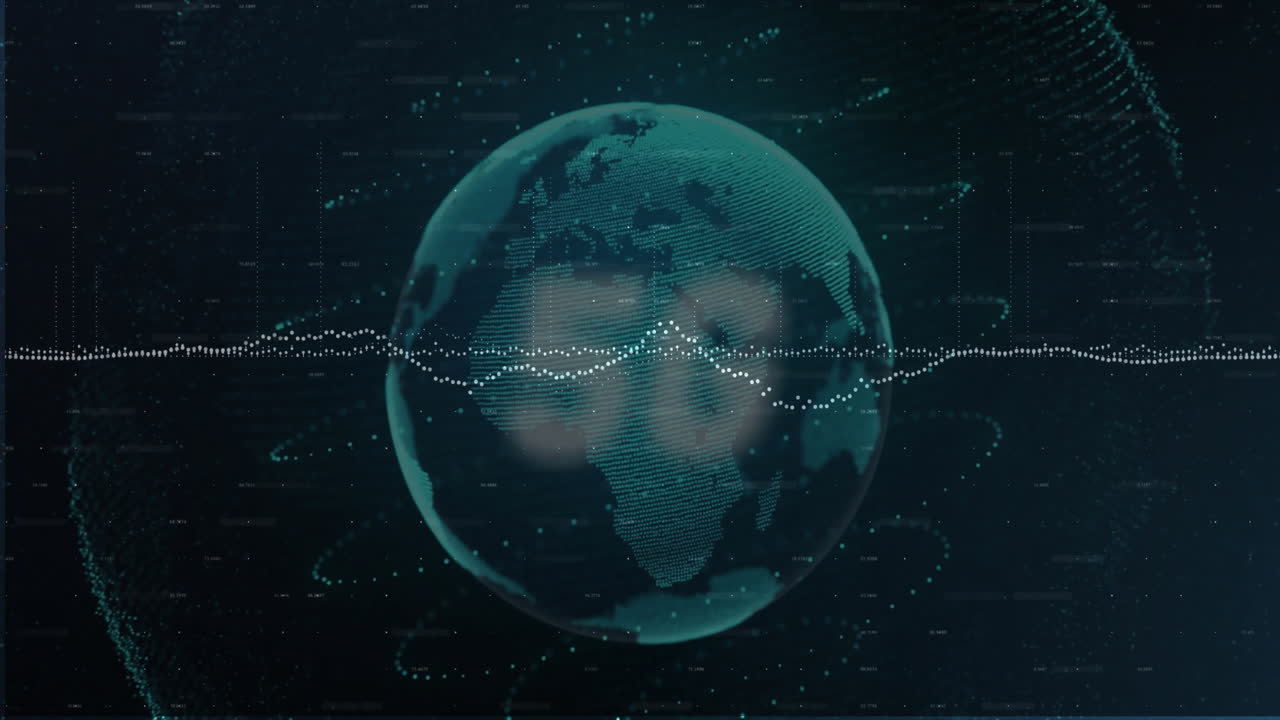 Animation of digital globe with data waves and network connections surrounding it