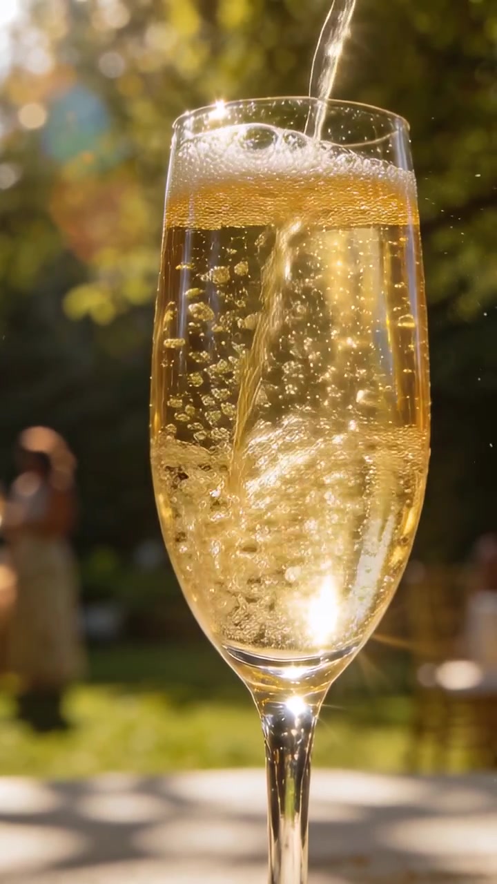 Video verticale: Versamento da destra, un flusso riempie un flûte a stelo alto su un tavolo da giardino, formando bollicine.