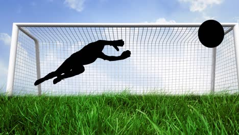 Animation-of-silhouette-of-football-goalkeeper-catching-ball-over-net-and-sky