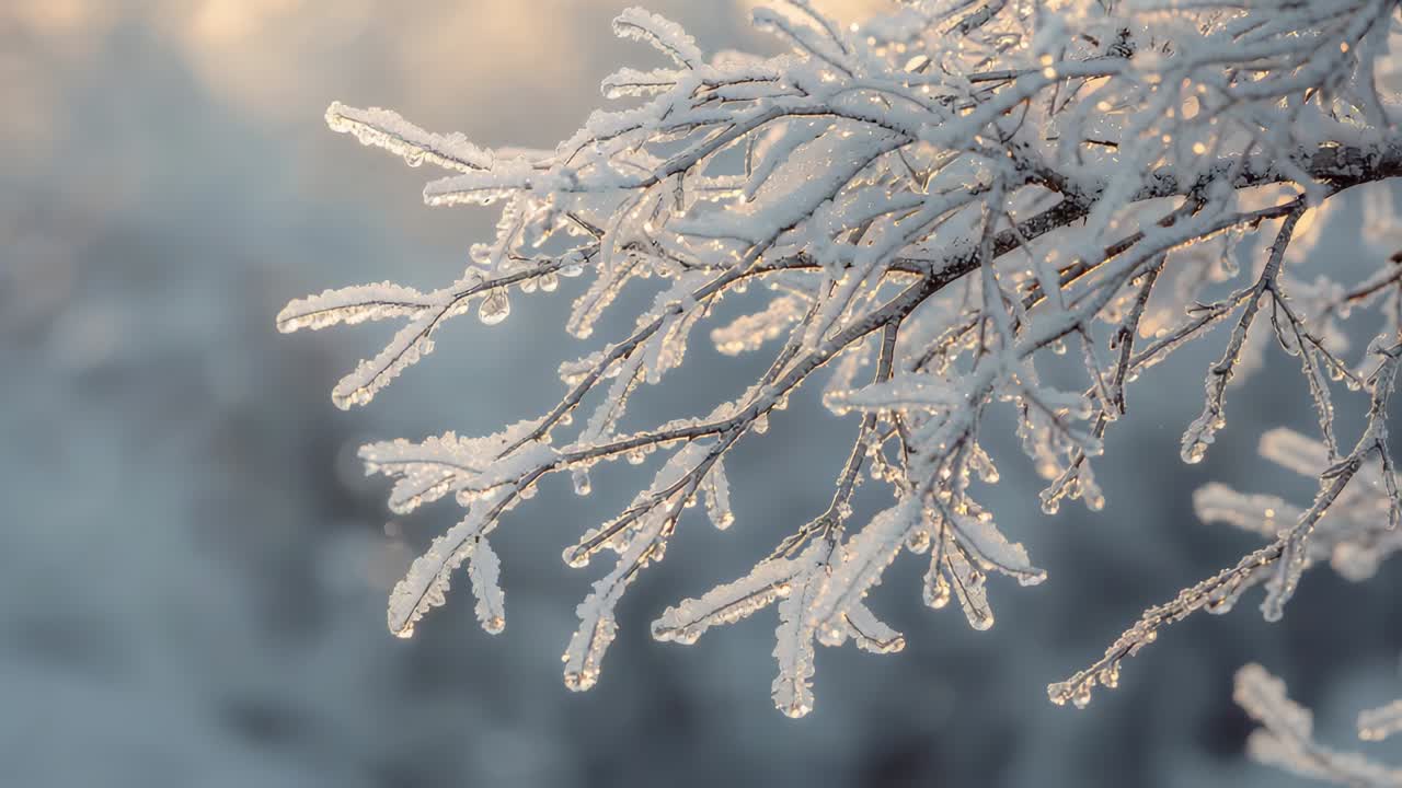 Shimmering ice-coated branch catching warm low-angle sunlight in wooded park, droplets elongating