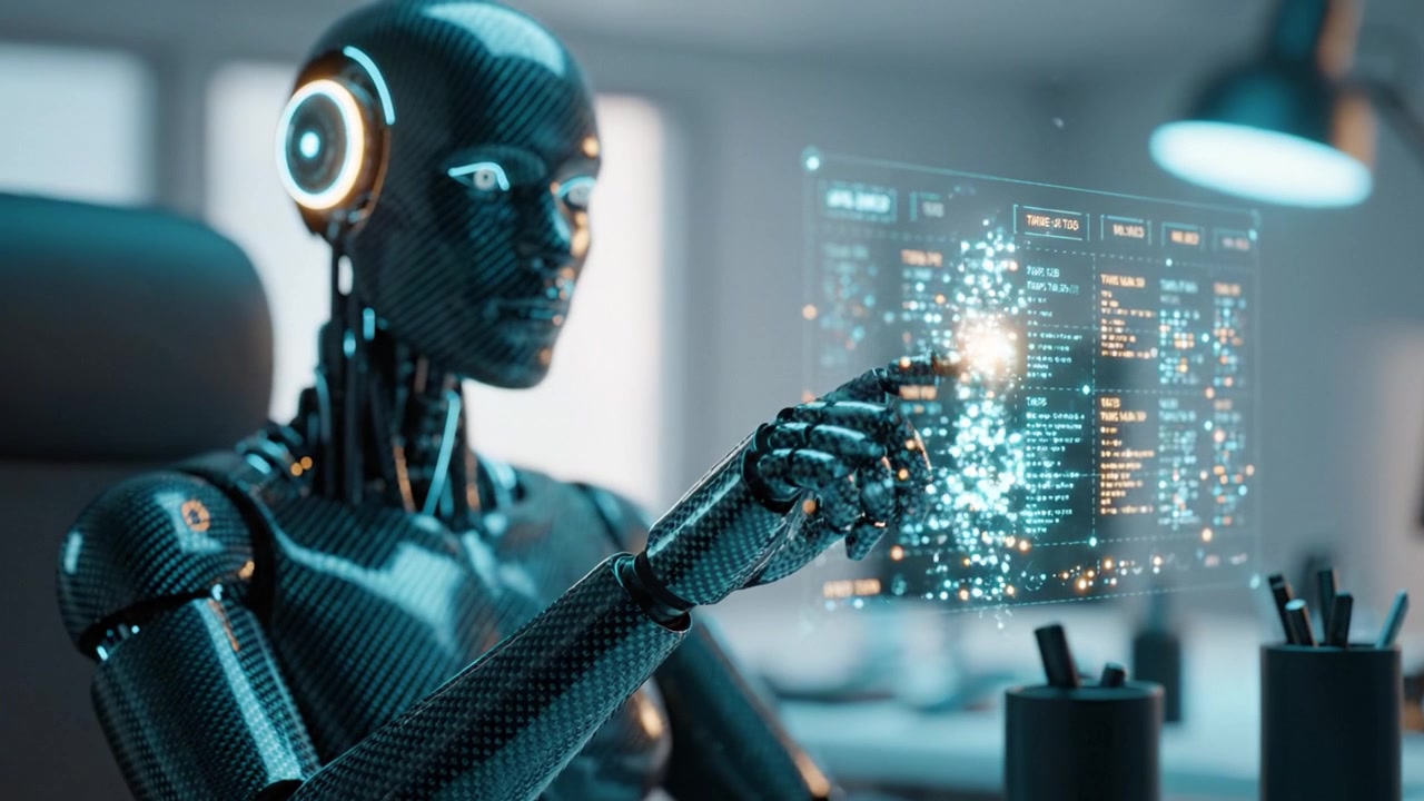 Futuristic humanoid robot with glowing features, analyzing data through augmented display, emphasizing human-like characteristics and advanced technology in a modern workspace