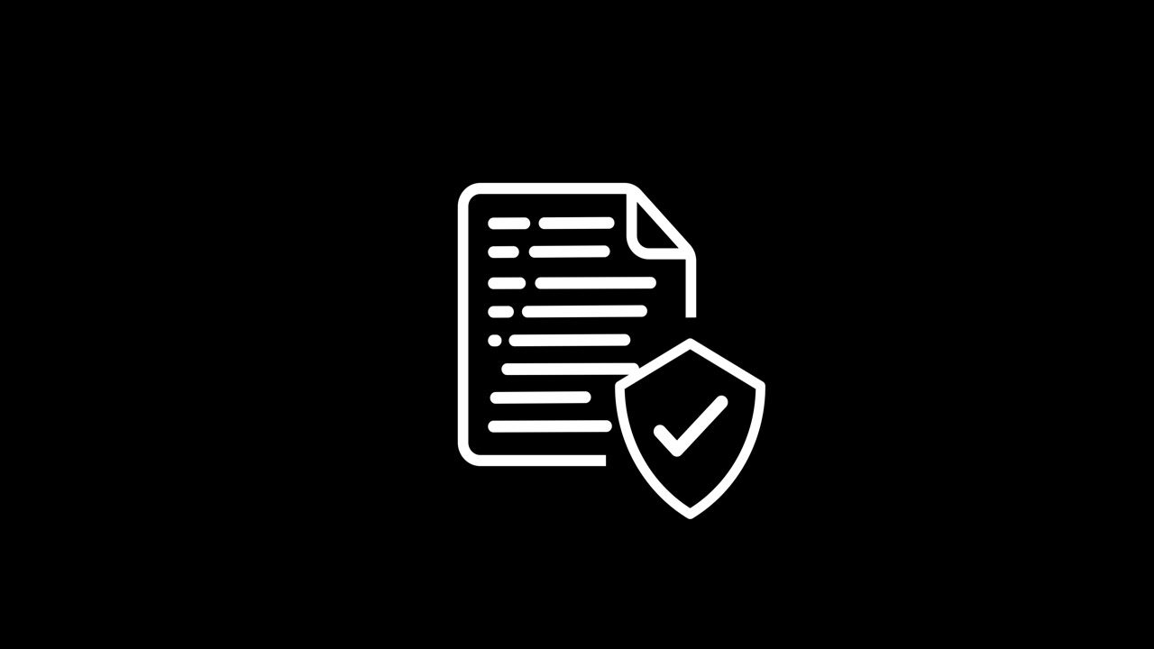 Document line showing shield icon with tick mark animation isolated on black background