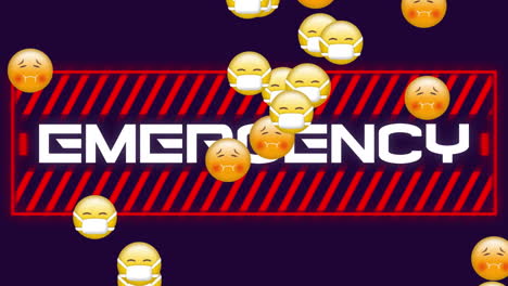 digital animation of multiple face emojis floating over emergency text banner on blue background