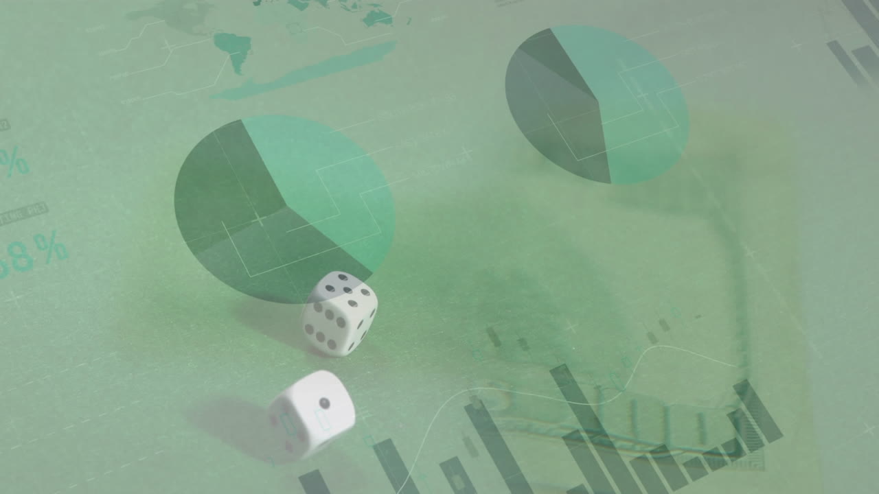 Animation of financial data processing over two dice and american dollar bills on green background