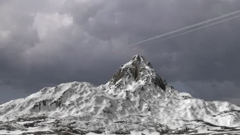 snowy mountain range under a stormy sky with missiles