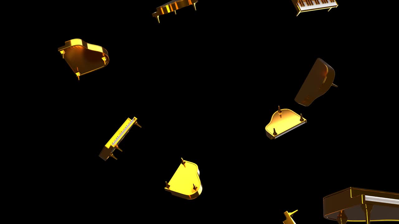 검은 바탕에 날아다니는 금색 피아노.