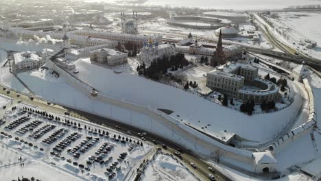 aerial kazan city center kremlin at winter sunny day. traffic. near volga river