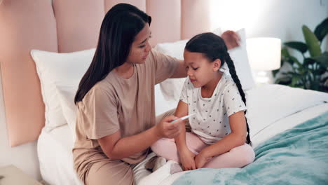 mother, child and hug with thermometer on bed