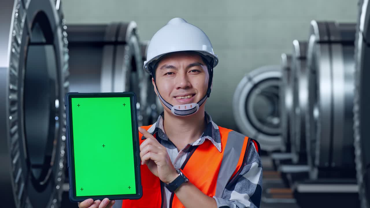 공장 환경에서 태블릿을 제시하는 엔지니어