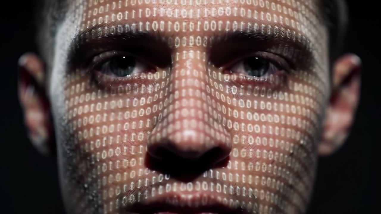 Exploring the Intersection of Technology and Humanity: A Portrait of a Face Illuminated by Binary Code Patterns Reflecting Digital Reality