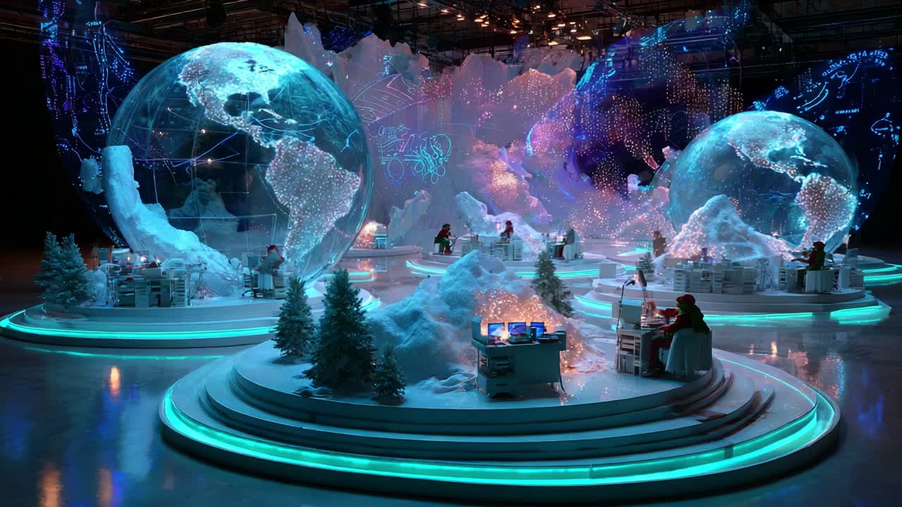 A High-Tech Fantasy World Showcasing Two Glowing Globes Surrounded by Snowy Landscapes, High-Tech Desks, and an Enchanted Atmosphere, Perfectly Blending Nature and Technology in a Spectacular Visual Display