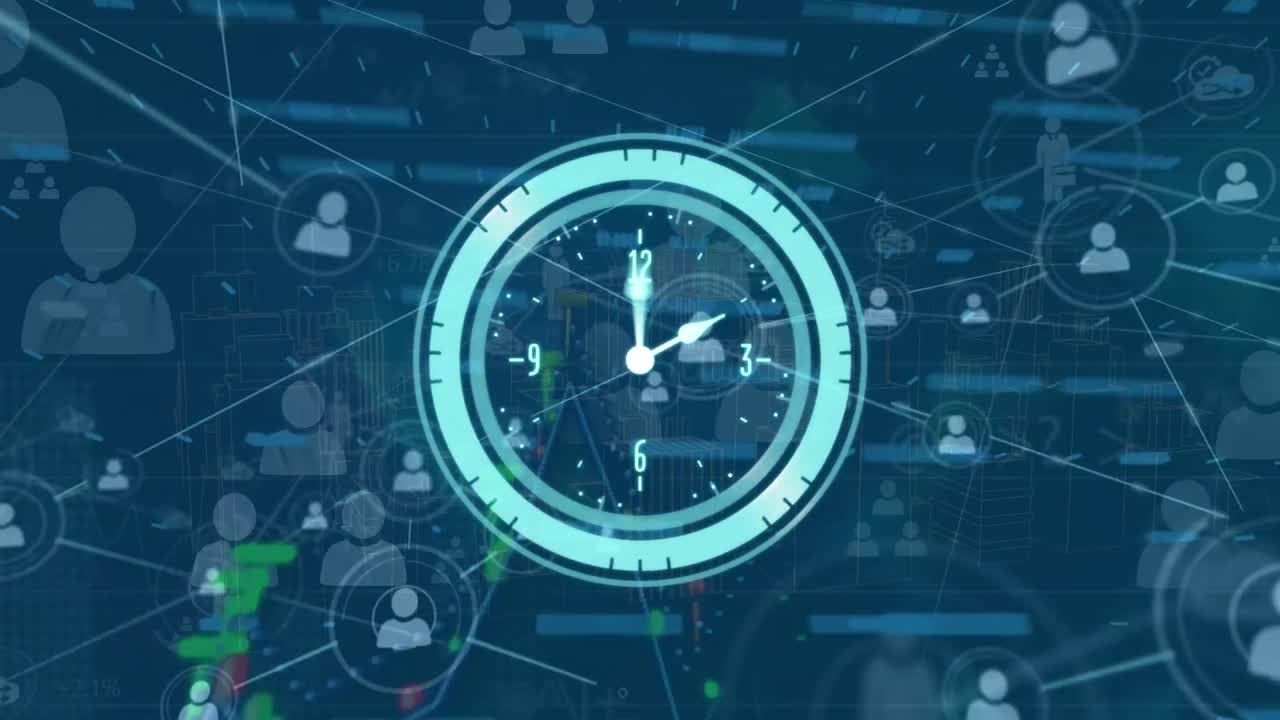 네온 시계 및 프로필 아이콘 네트워크의 애니메이션 및 금융 데이터 처리