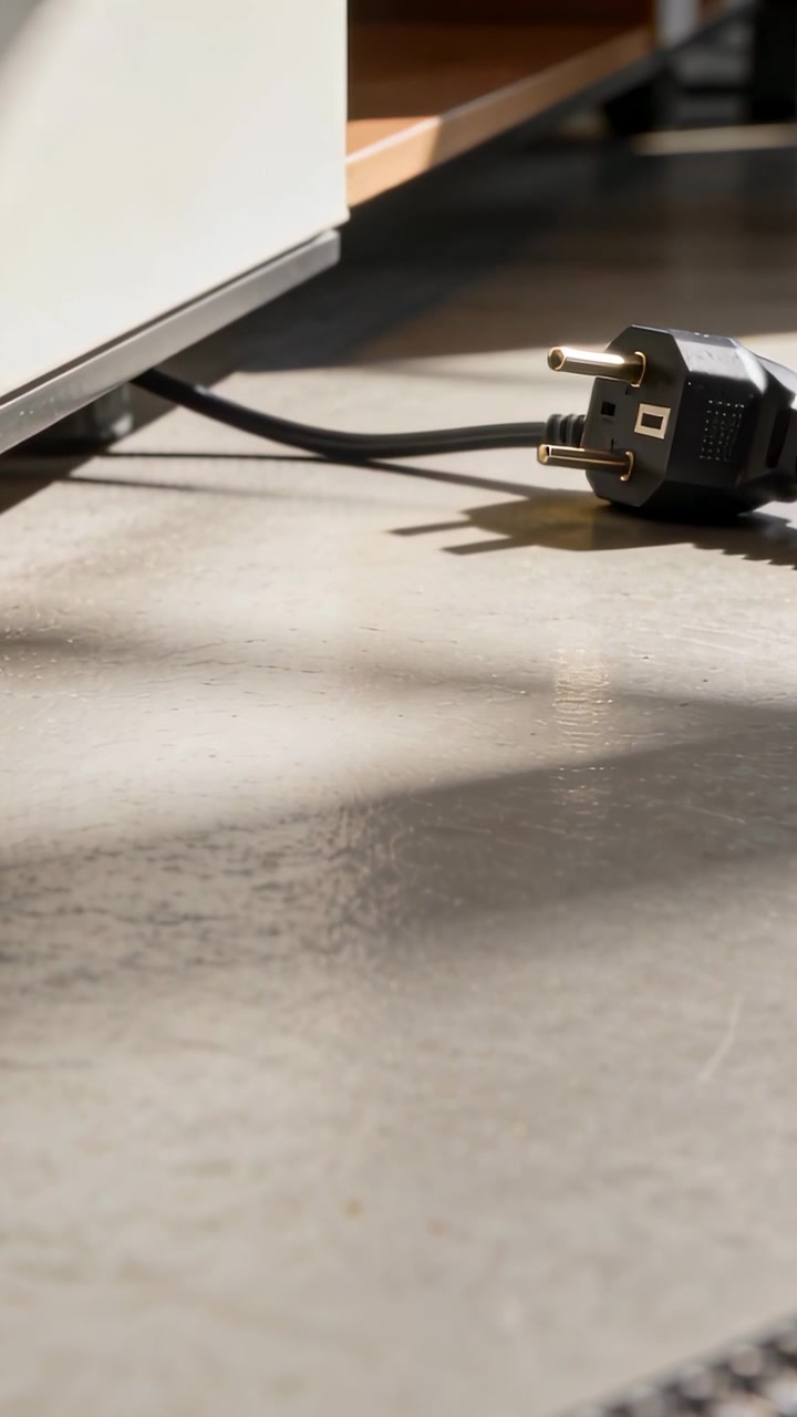 Vertical video: Shifting camera capturing black plug on floor near cabinet and rug edge, copy space