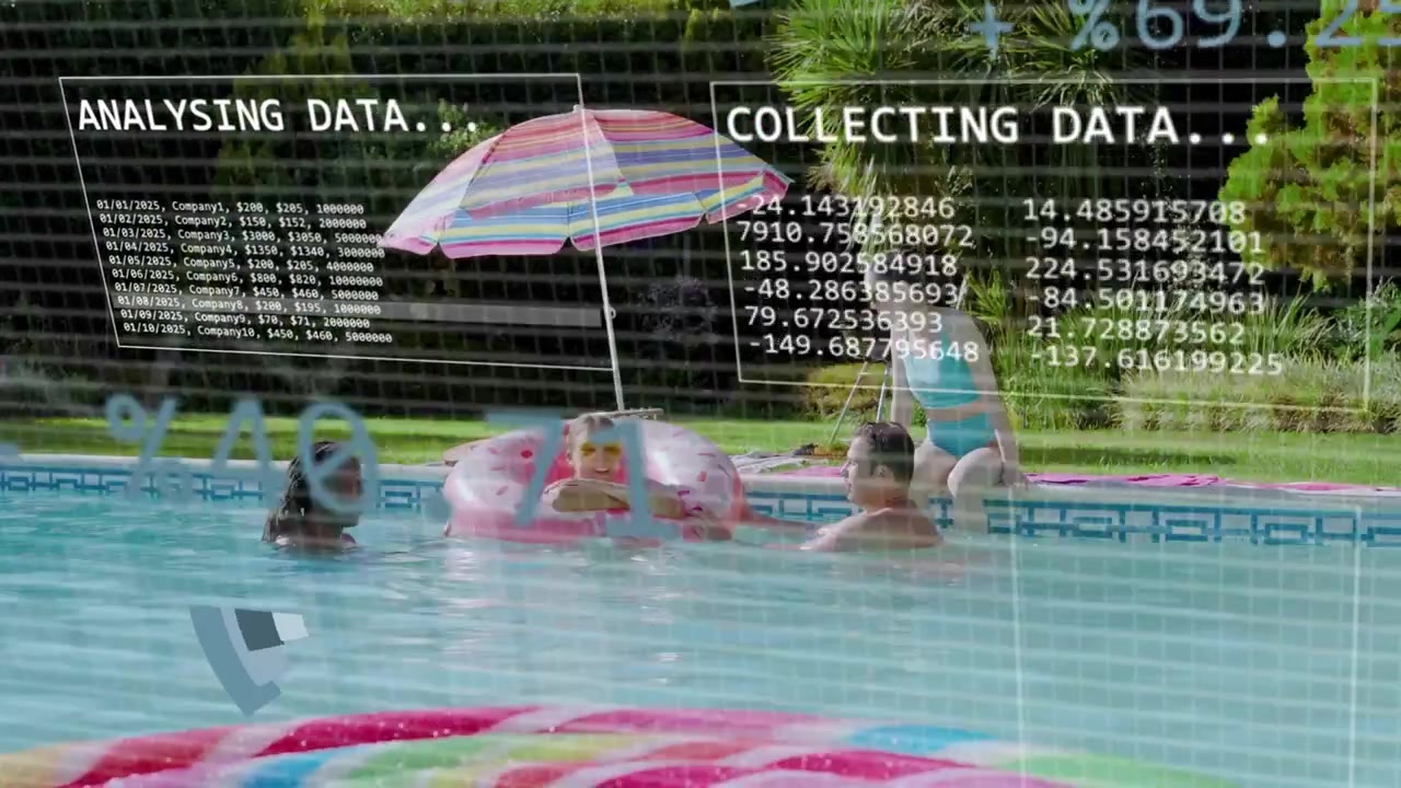 Quatro pessoas relaxando à beira da piscina, com um HUD de dados exibindo gráficos e tabelas sobre o grupo para análise.