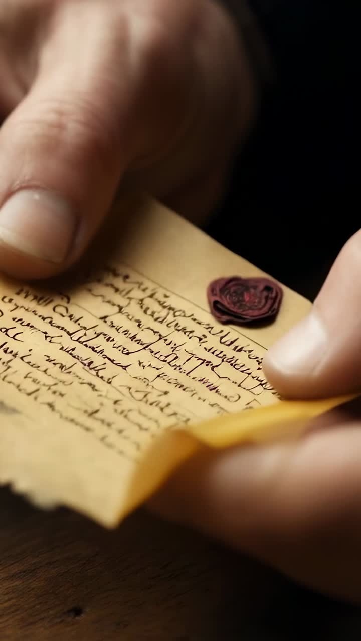 Vertical video: Hands feeling flap slowly prying yellow envelope on wood table showing red wax seal
