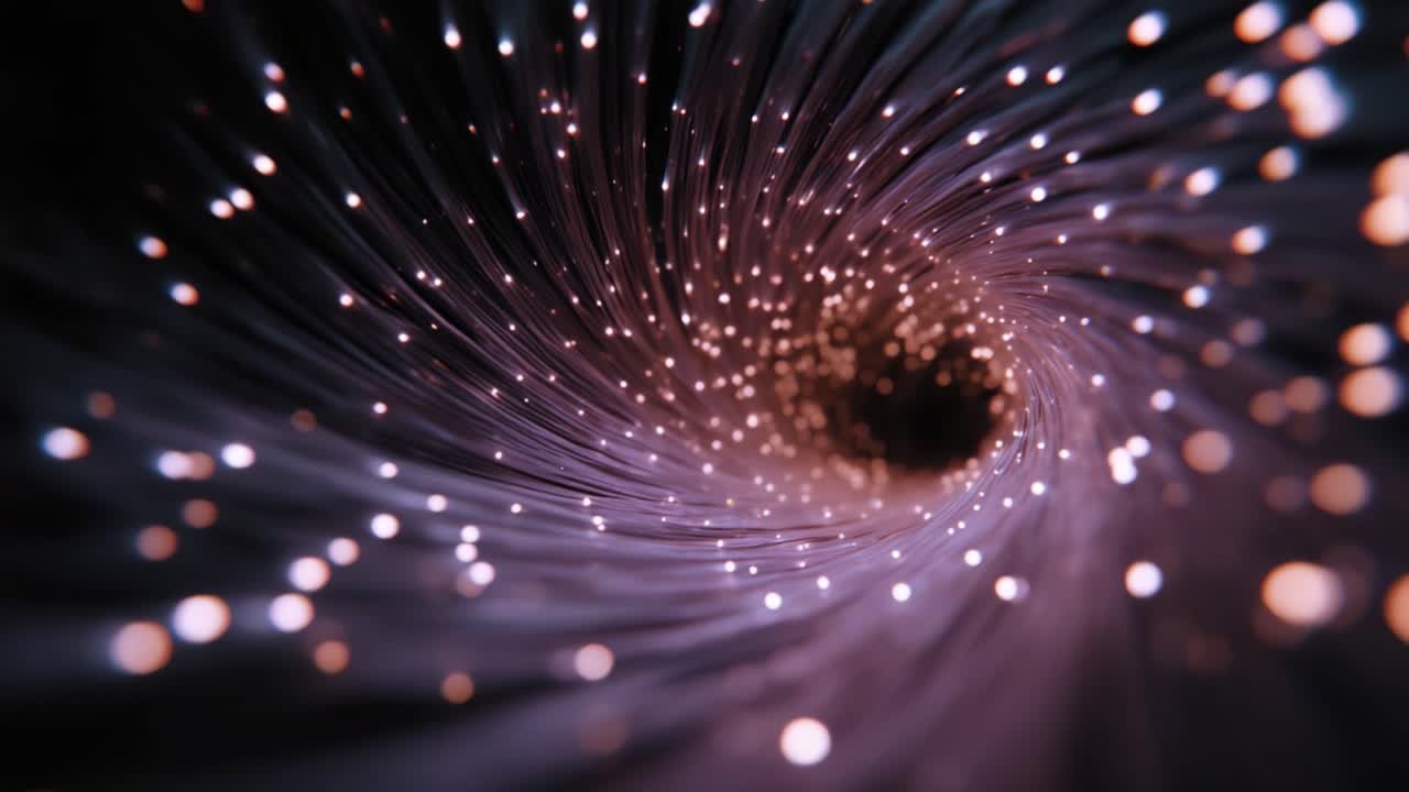 Mesmerizing swirling vortex of luminous particles creating a captivating visual journey with intricate patterns and a feeling of depth and motion in a cosmic space
