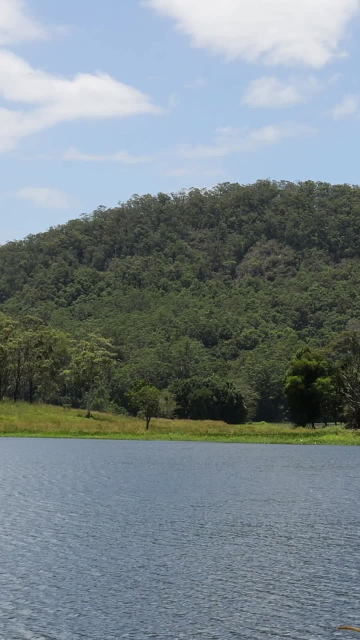 vista tranquila de un lago contra las colinas boscosas